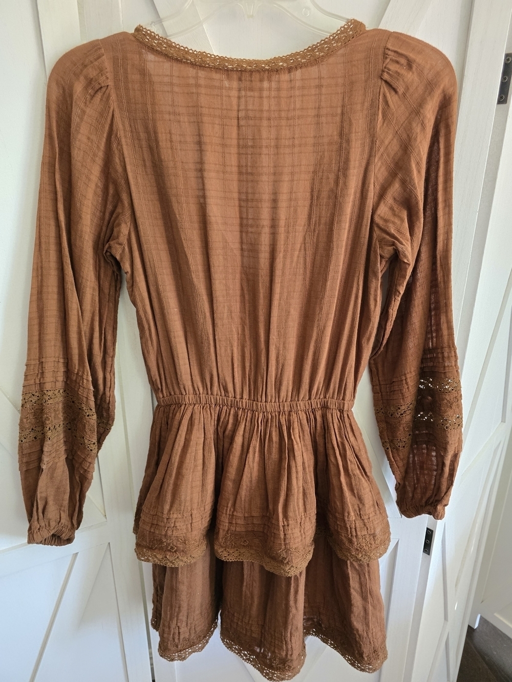 American Eagle BROWN Women's Long-Sleeve Embroidered Wrap Front Mini Dress - Picture 4 of 6
